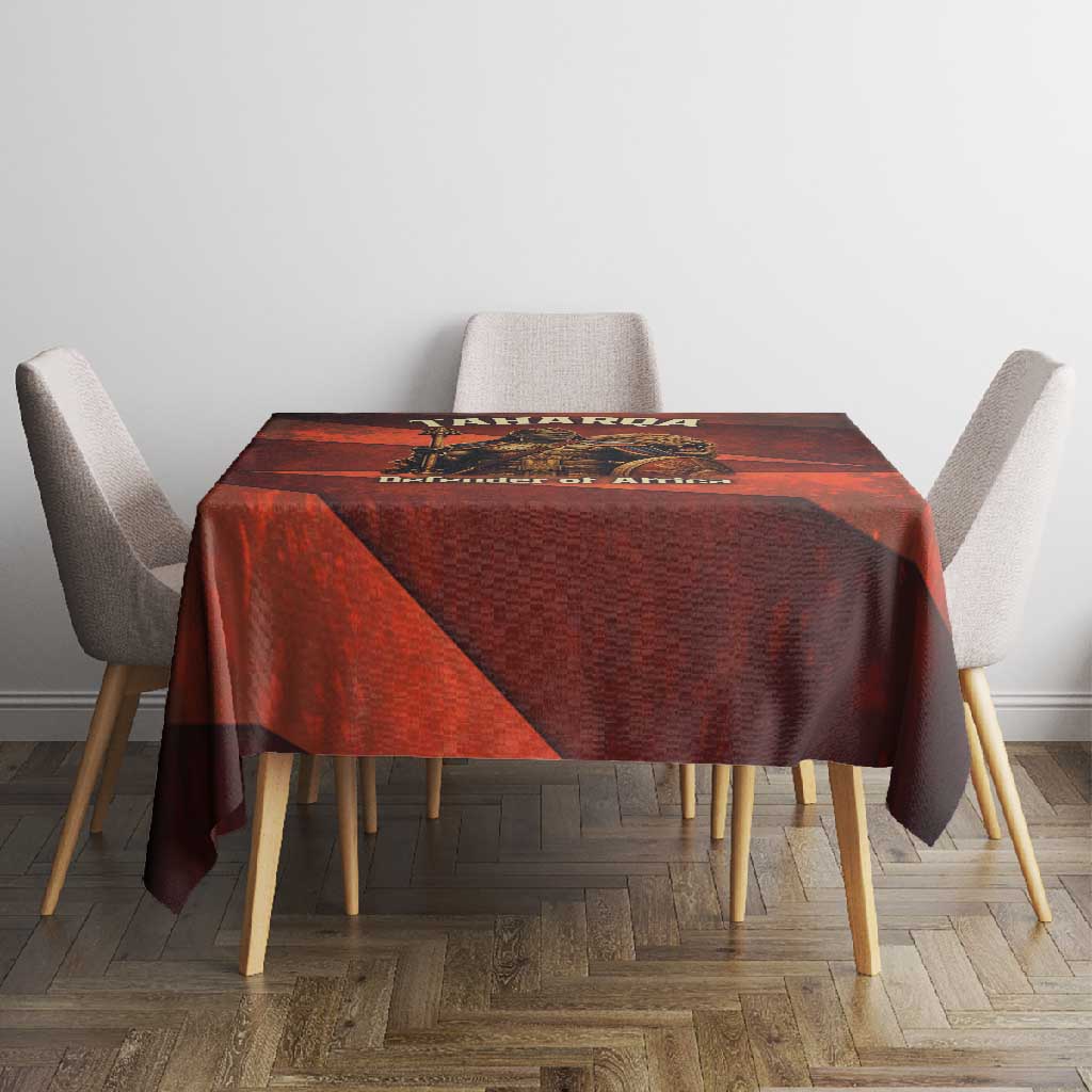 Taharqa Tablecloth with Warrior Portrait, Lion of Kush Title and Bold Red Defender of Africa - Wonder Print Shop