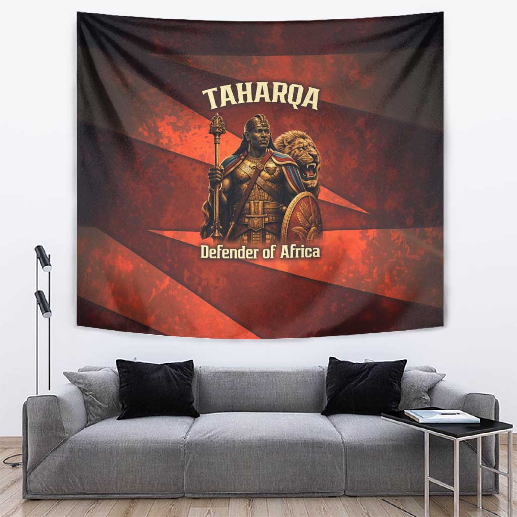 Taharqa Tapestry with Warrior Portrait, Lion of Kush Title and Bold Red Defender of Africa - Wonder Print Shop
