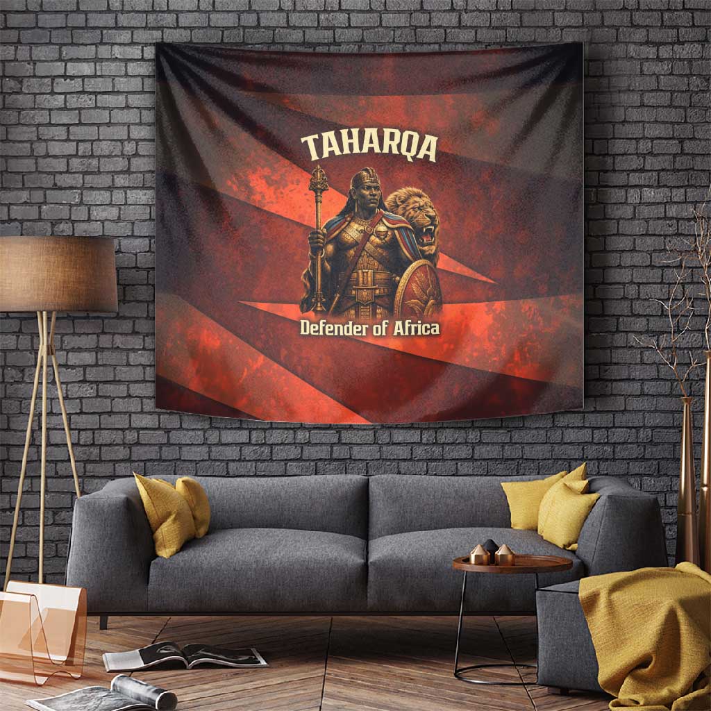 Taharqa Tapestry with Warrior Portrait, Lion of Kush Title and Bold Red Defender of Africa - Wonder Print Shop