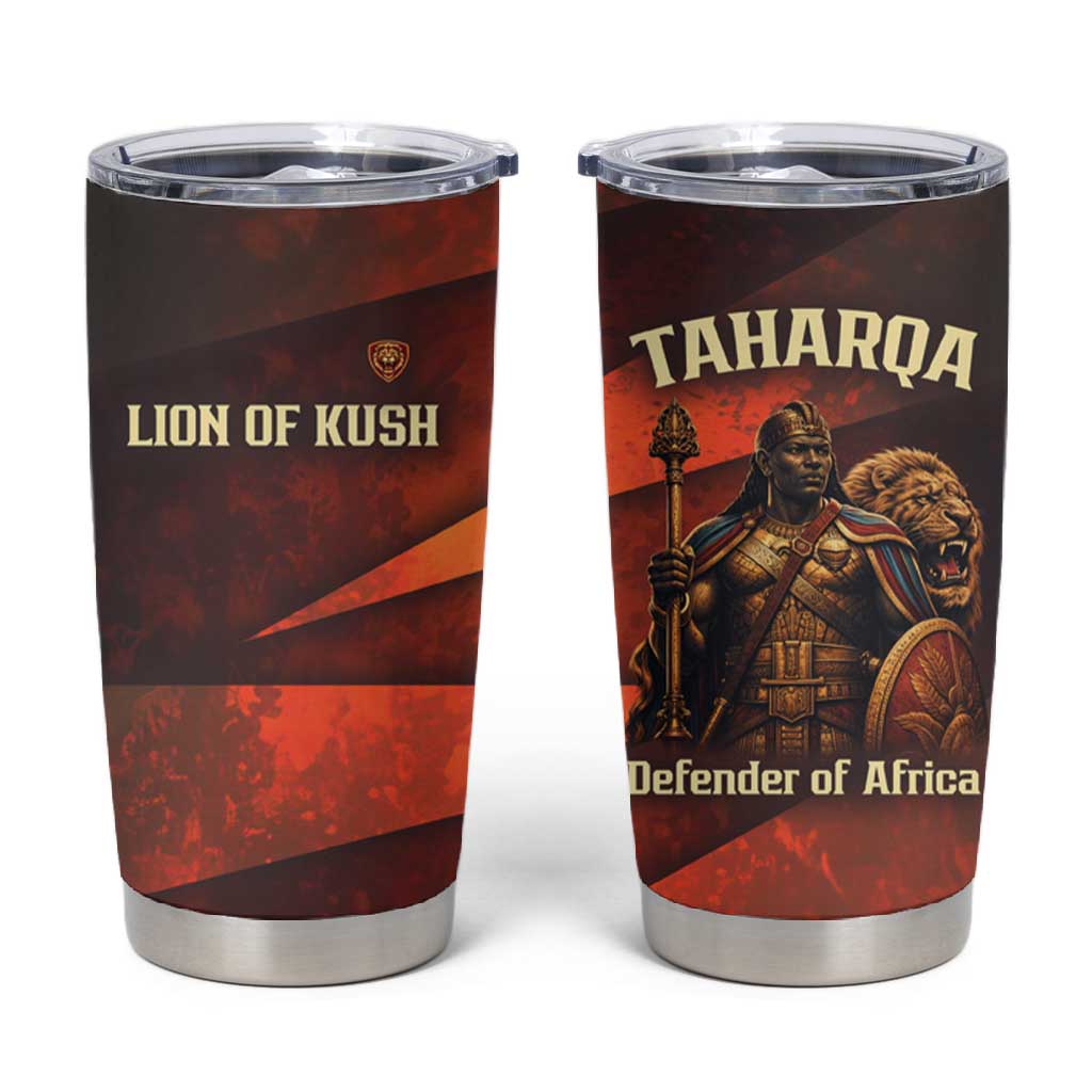 Taharqa Tumbler Cup with Warrior Portrait, Lion of Kush Title and Bold Red Defender of Africa - Wonder Print Shop