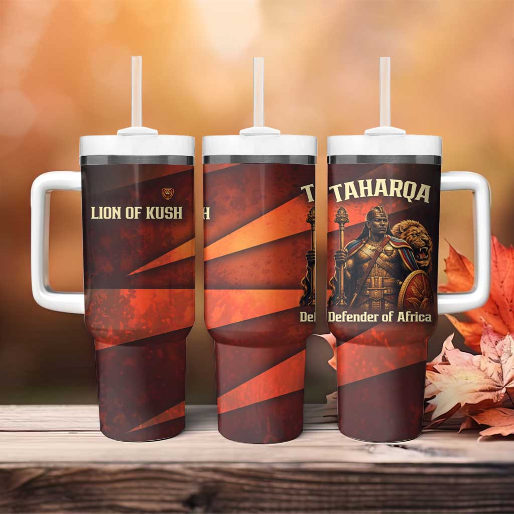 Taharqa Tumbler With Handle with Warrior Portrait, Lion of Kush Title and Bold Red Defender of Africa - Wonder Print Shop
