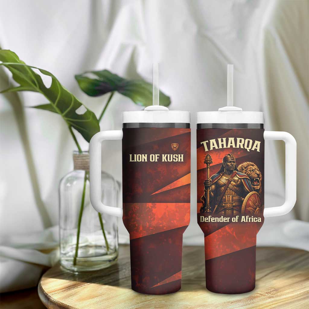 Taharqa Tumbler With Handle with Warrior Portrait, Lion of Kush Title and Bold Red Defender of Africa - Wonder Print Shop