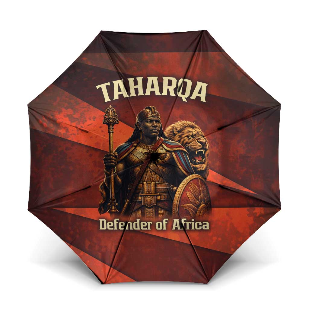 Taharqa Umbrella with Warrior Portrait, Lion of Kush Title and Bold Red Defender of Africa - Wonder Print Shop