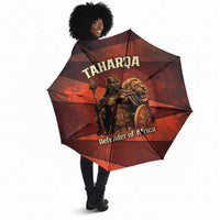 Taharqa Umbrella with Warrior Portrait, Lion of Kush Title and Bold Red Defender of Africa - Wonder Print Shop