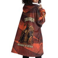 Taharqa Wearable Blanket Hoodie with Warrior Portrait, Lion of Kush Title and Bold Red Defender of Africa - Wonder Print Shop