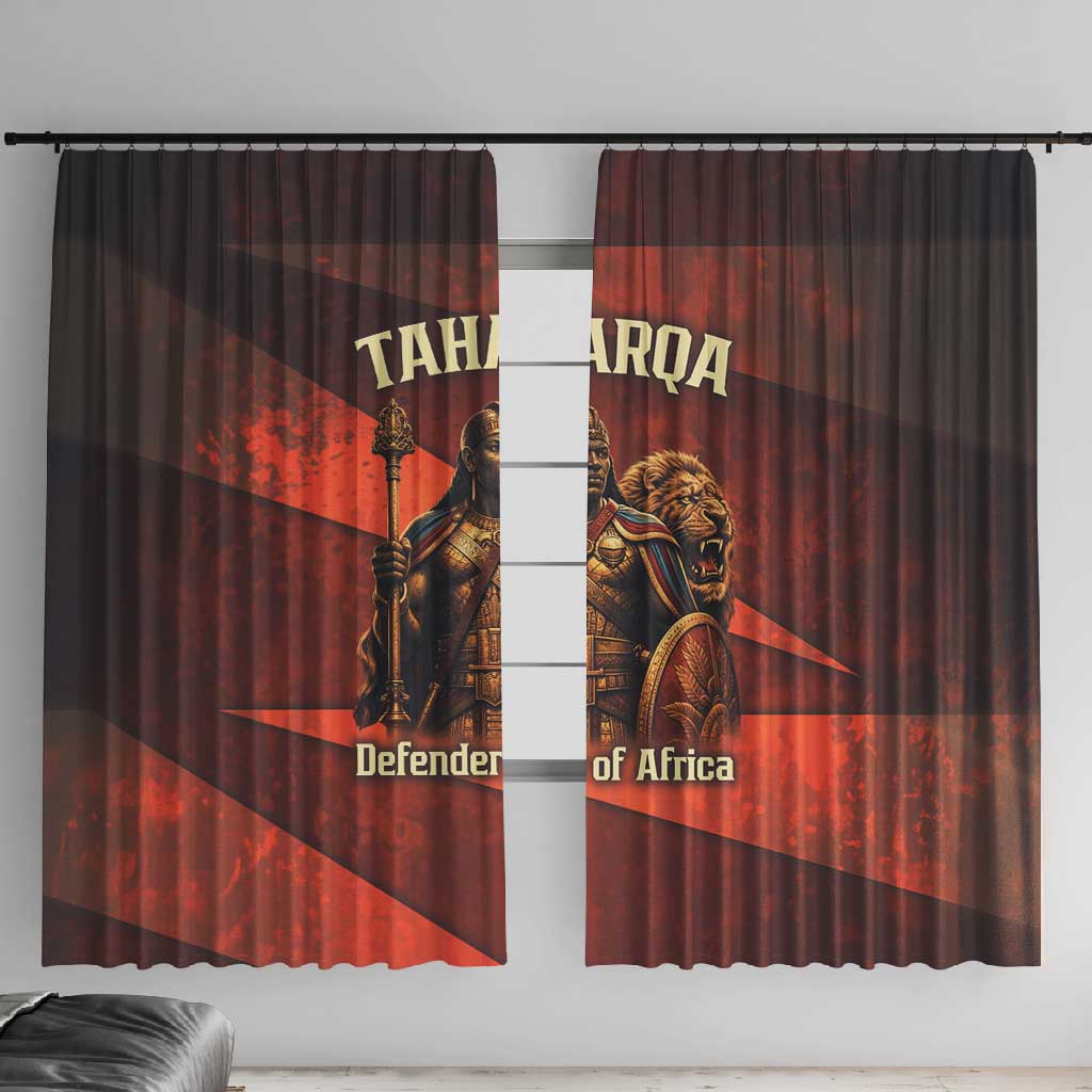 Taharqa Window Curtain with Warrior Portrait, Lion of Kush Title and Bold Red Defender of Africa - Wonder Print Shop
