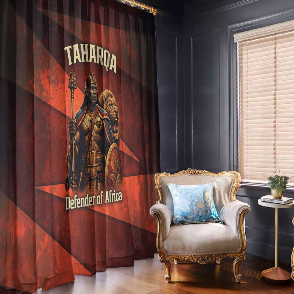 Taharqa Window Curtain with Warrior Portrait, Lion of Kush Title and Bold Red Defender of Africa - Wonder Print Shop