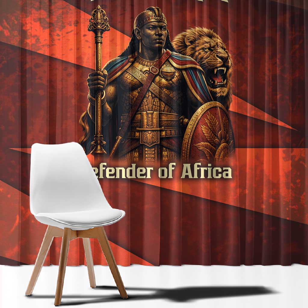 Taharqa Window Curtain with Warrior Portrait, Lion of Kush Title and Bold Red Defender of Africa - Wonder Print Shop