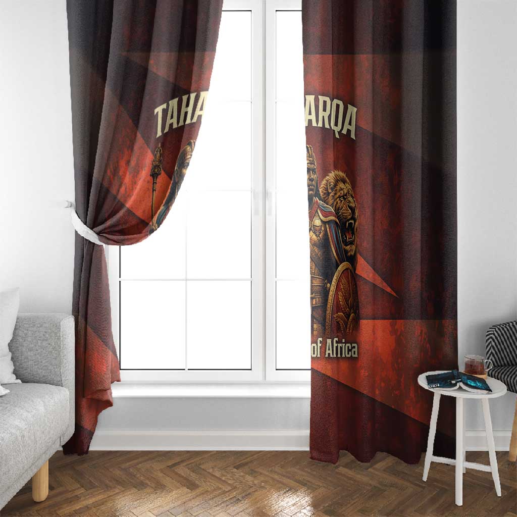 Taharqa Window Curtain with Warrior Portrait, Lion of Kush Title and Bold Red Defender of Africa - Wonder Print Shop
