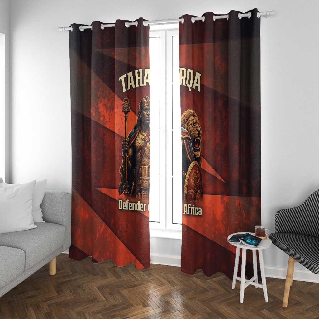 Taharqa Window Curtain with Warrior Portrait, Lion of Kush Title and Bold Red Defender of Africa - Wonder Print Shop