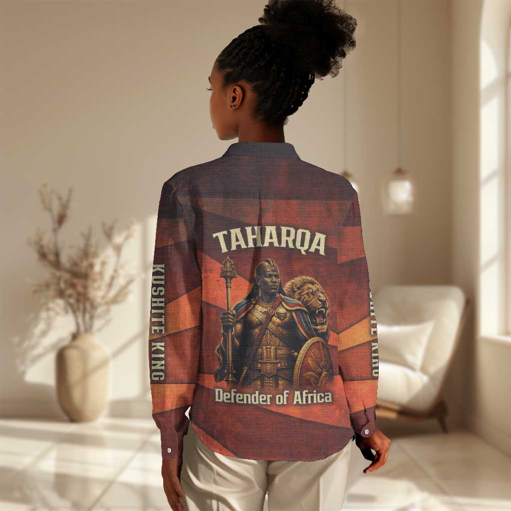 Taharqa Women Casual Shirt with Warrior Portrait, Lion of Kush Title and Bold Red Defender of Africa - Wonder Print Shop