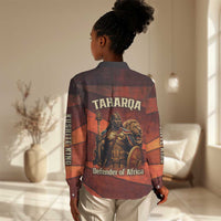 Taharqa Women Casual Shirt with Warrior Portrait, Lion of Kush Title and Bold Red Defender of Africa - Wonder Print Shop