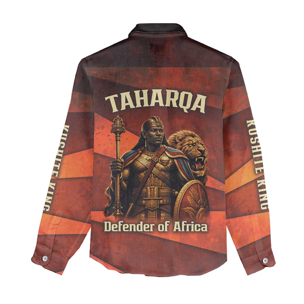 Taharqa Women Casual Shirt with Warrior Portrait, Lion of Kush Title and Bold Red Defender of Africa - Wonder Print Shop