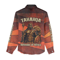 Taharqa Women Casual Shirt with Warrior Portrait, Lion of Kush Title and Bold Red Defender of Africa - Wonder Print Shop