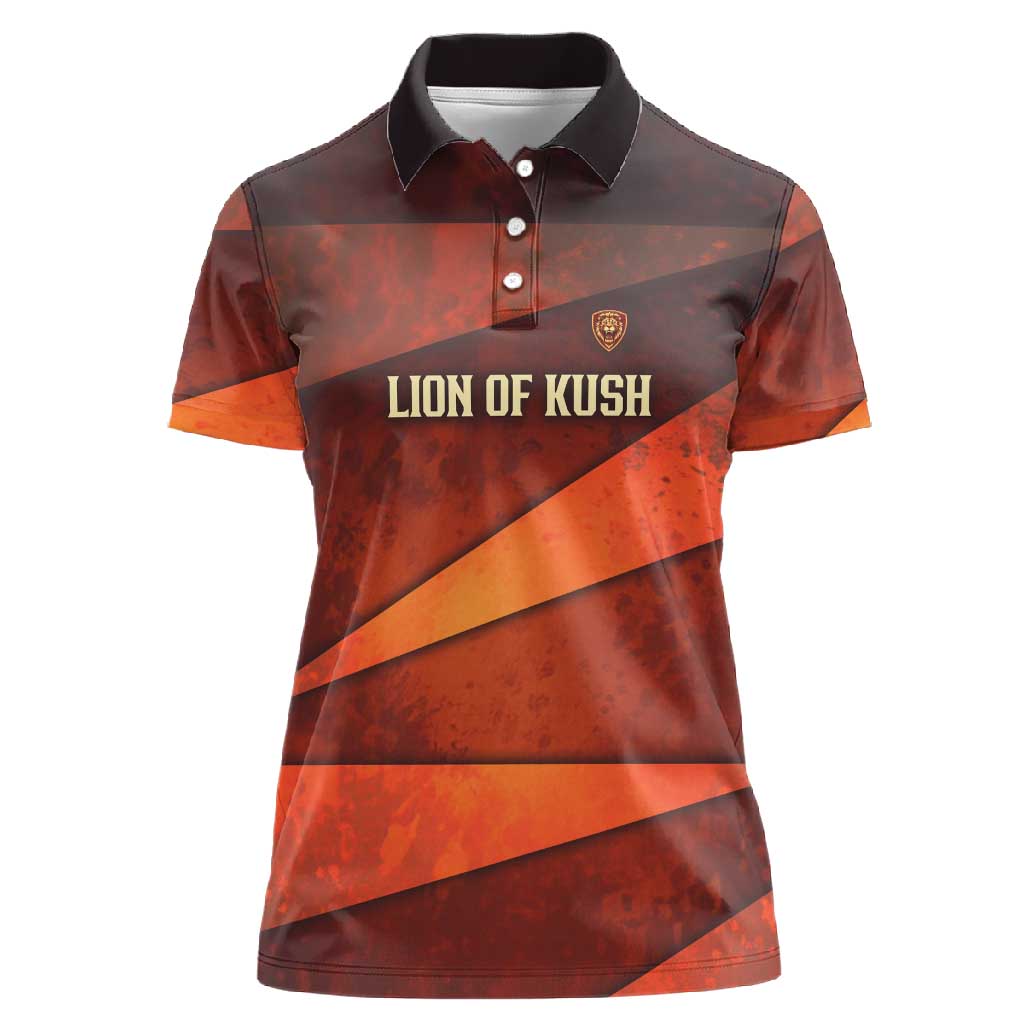 Taharqa Women Polo Shirt with Warrior Portrait, Lion of Kush Title and Bold Red Defender of Africa - Wonder Print Shop
