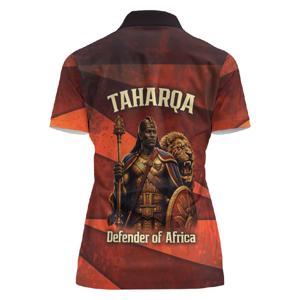 Taharqa Women Polo Shirt with Warrior Portrait, Lion of Kush Title and Bold Red Defender of Africa - Wonder Print Shop