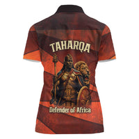Taharqa Women Polo Shirt with Warrior Portrait, Lion of Kush Title and Bold Red Defender of Africa - Wonder Print Shop