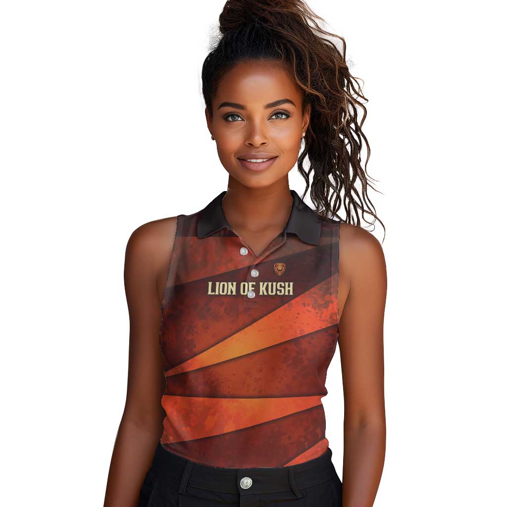 Taharqa Women Sleeveless Polo Shirt with Warrior Portrait, Lion of Kush Title and Bold Red Defender of Africa - Wonder Print Shop