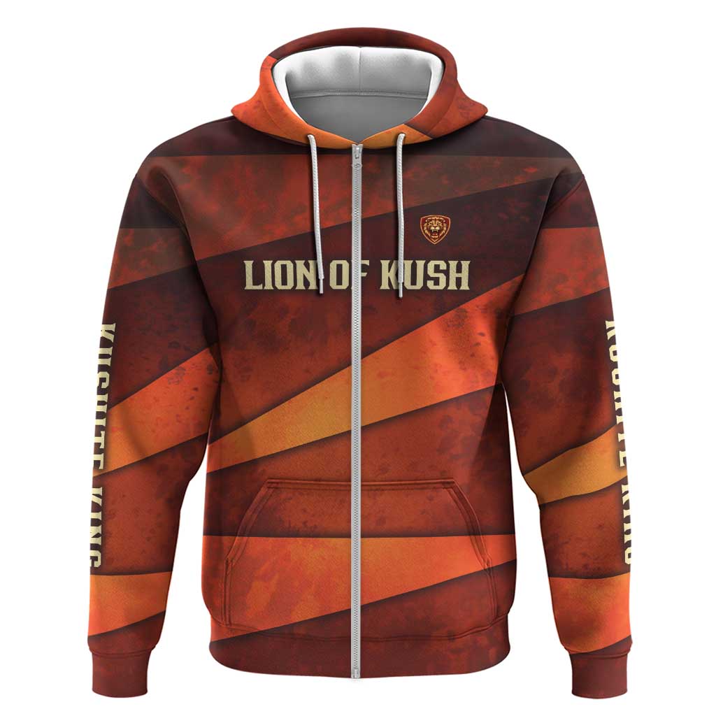 Taharqa Zip Hoodie with Warrior Portrait, Lion of Kush Title and Bold Red Defender of Africa - Wonder Print Shop