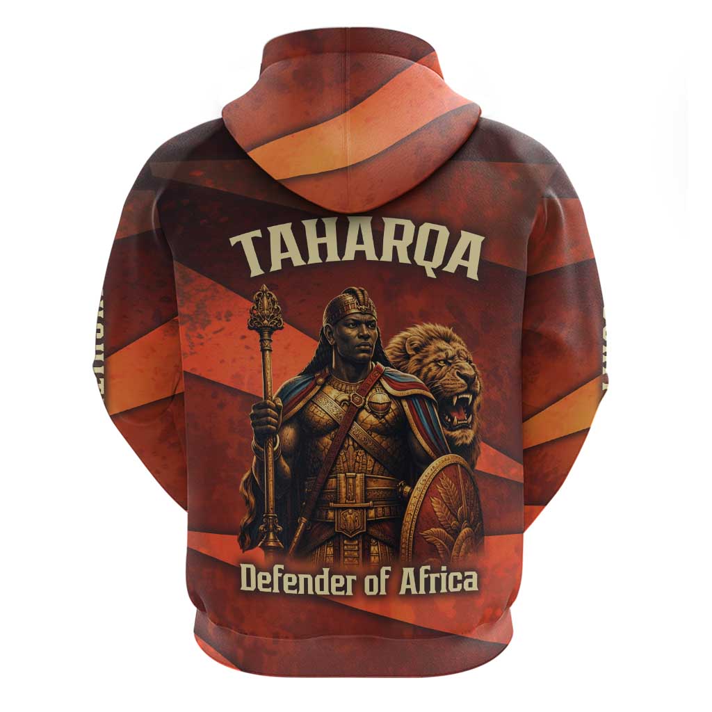 Taharqa Zip Hoodie with Warrior Portrait, Lion of Kush Title and Bold Red Defender of Africa - Wonder Print Shop