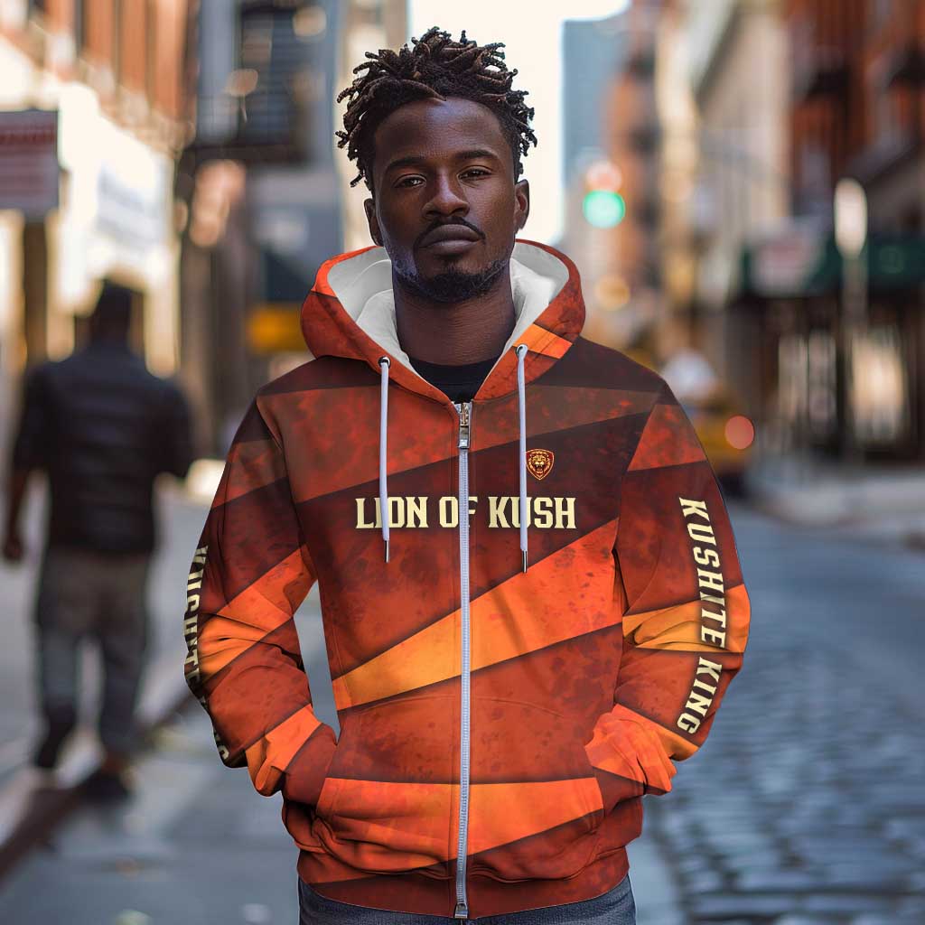 Taharqa Zip Hoodie with Warrior Portrait, Lion of Kush Title and Bold Red Defender of Africa - Wonder Print Shop