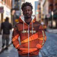 Taharqa Zip Hoodie with Warrior Portrait, Lion of Kush Title and Bold Red Defender of Africa - Wonder Print Shop