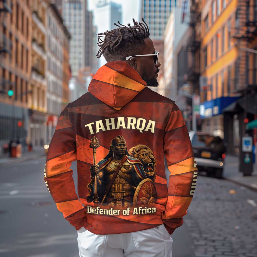 Taharqa Zip Hoodie with Warrior Portrait, Lion of Kush Title and Bold Red Defender of Africa - Wonder Print Shop
