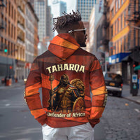 Taharqa Zip Hoodie with Warrior Portrait, Lion of Kush Title and Bold Red Defender of Africa - Wonder Print Shop