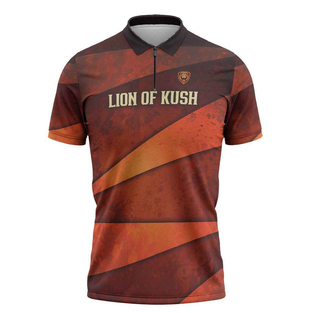 Taharqa Zipper Polo Shirt with Warrior Portrait, Lion of Kush Title and Bold Red Defender of Africa - Wonder Print Shop