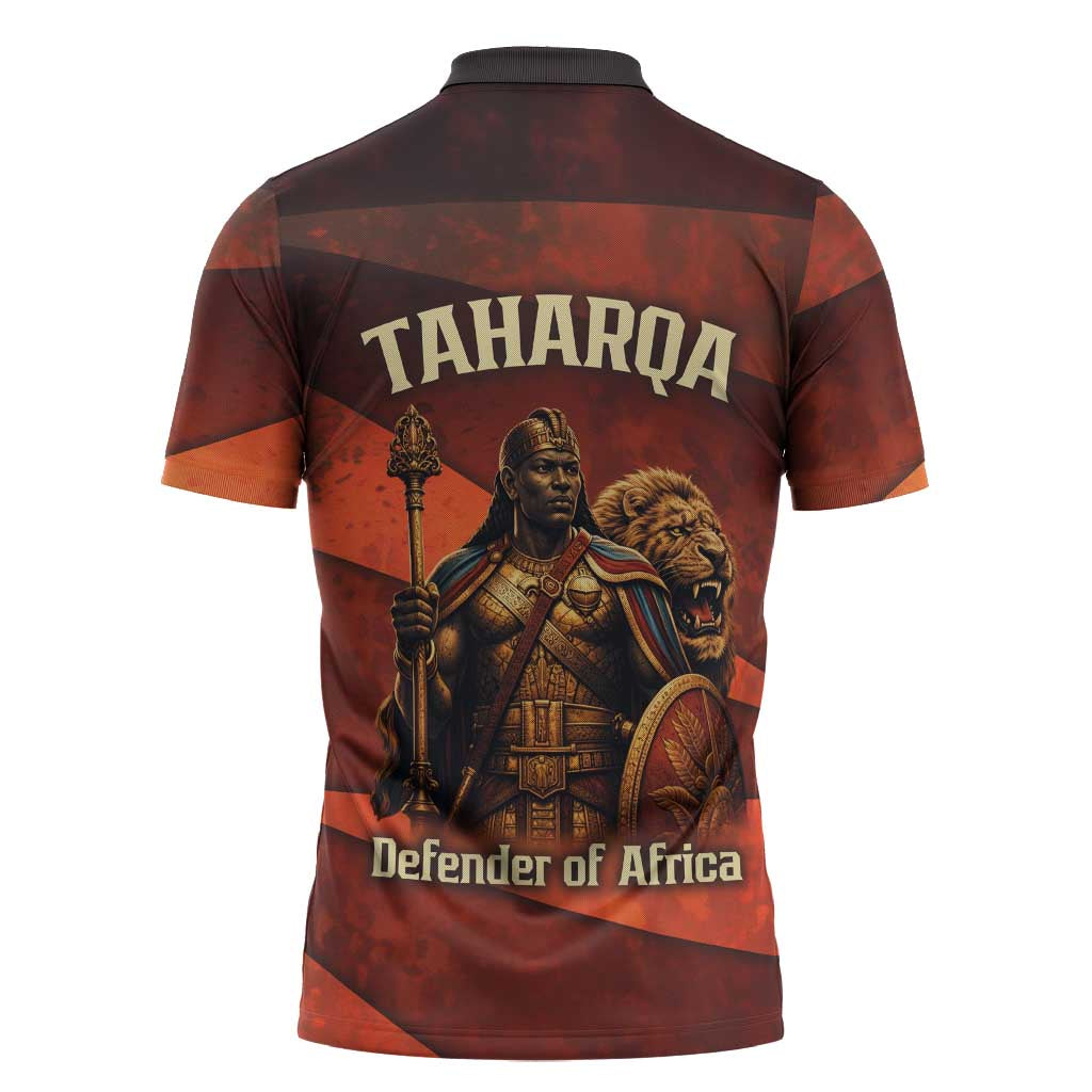 Taharqa Zipper Polo Shirt with Warrior Portrait, Lion of Kush Title and Bold Red Defender of Africa - Wonder Print Shop