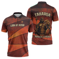 Taharqa Zipper Polo Shirt with Warrior Portrait, Lion of Kush Title and Bold Red Defender of Africa - Wonder Print Shop