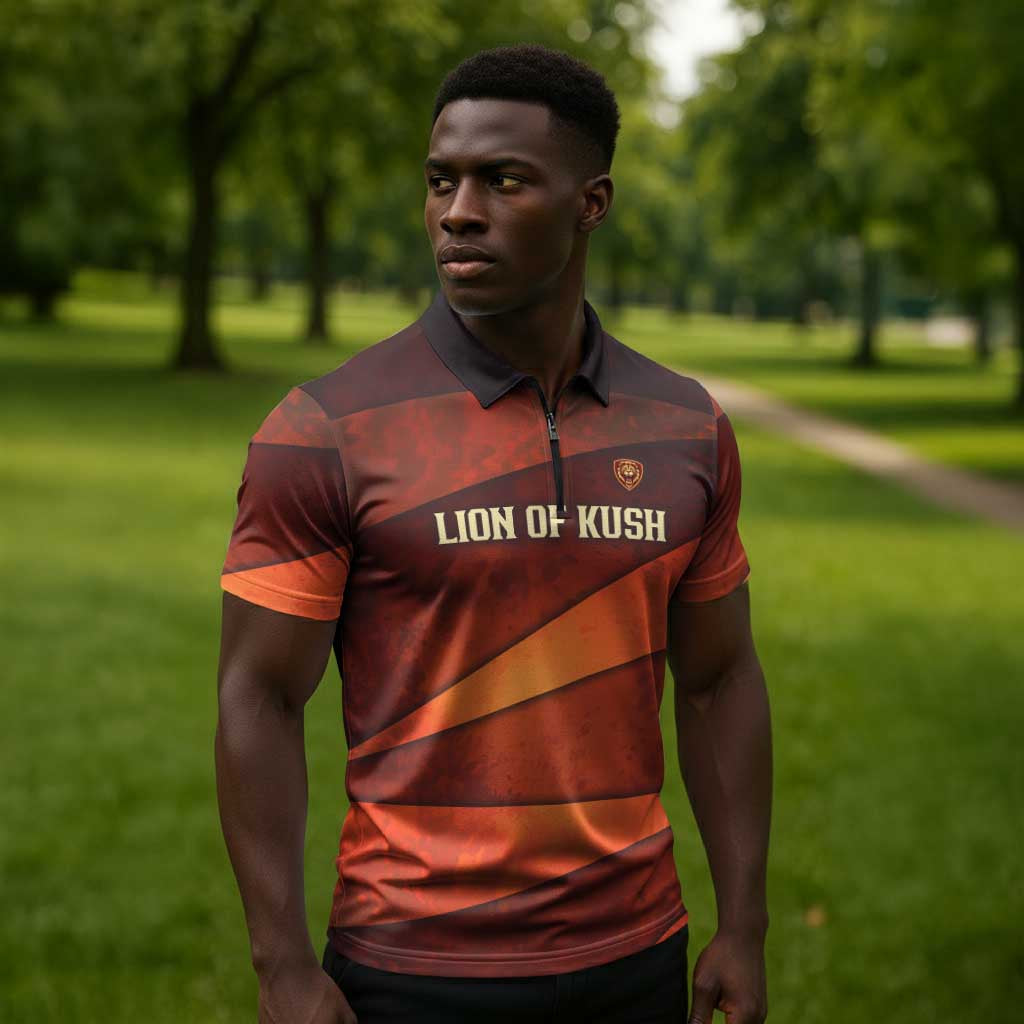 Taharqa Zipper Polo Shirt with Warrior Portrait, Lion of Kush Title and Bold Red Defender of Africa - Wonder Print Shop