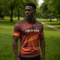Taharqa Zipper Polo Shirt with Warrior Portrait, Lion of Kush Title and Bold Red Defender of Africa - Wonder Print Shop