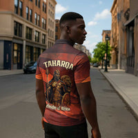 Taharqa Zipper Polo Shirt with Warrior Portrait, Lion of Kush Title and Bold Red Defender of Africa - Wonder Print Shop