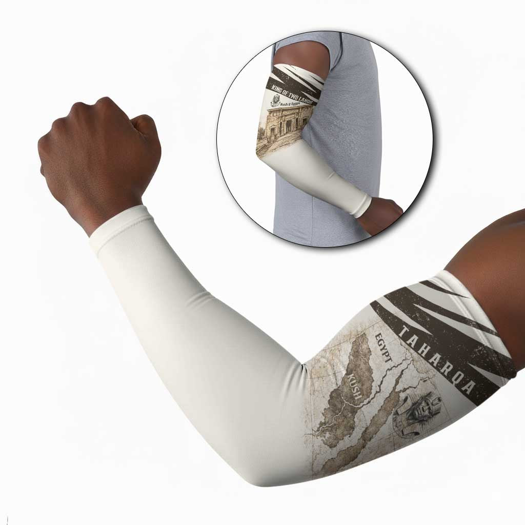 Taharqa Arm Sleeves with Ancient Map Illustration, King of Two Lands Title and Kush Egypt Temple - Wonder Print Shop