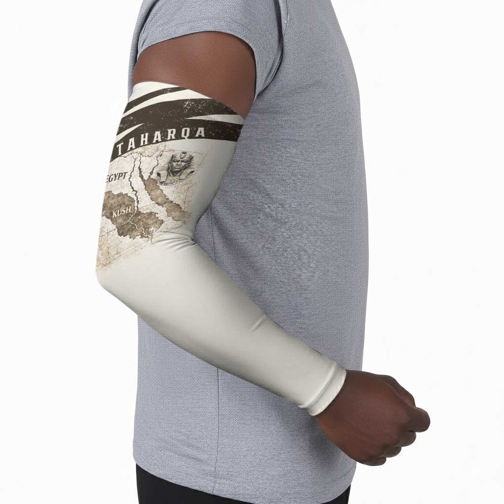 Taharqa Arm Sleeves with Ancient Map Illustration, King of Two Lands Title and Kush Egypt Temple - Wonder Print Shop