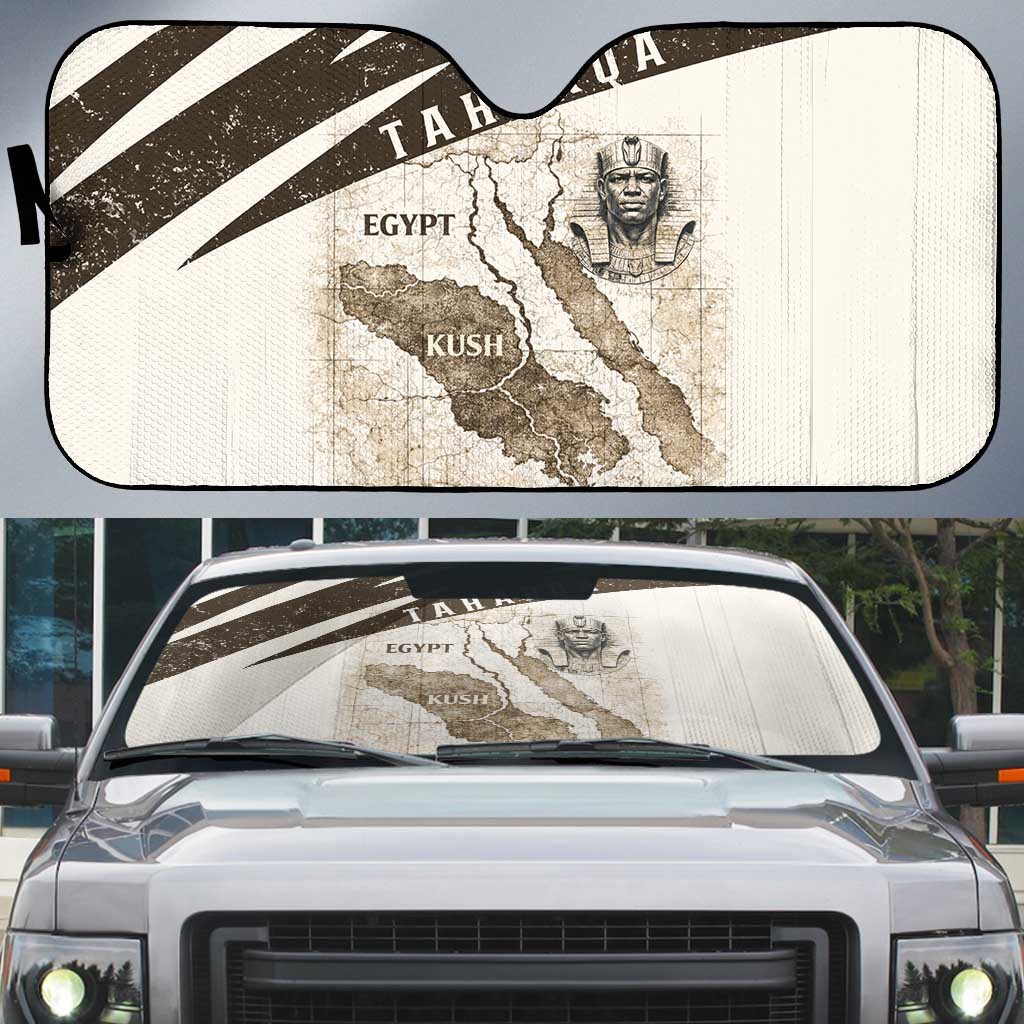 Taharqa Auto Sun Shade with Ancient Map Illustration, King of Two Lands Title and Kush Egypt Temple - Wonder Print Shop