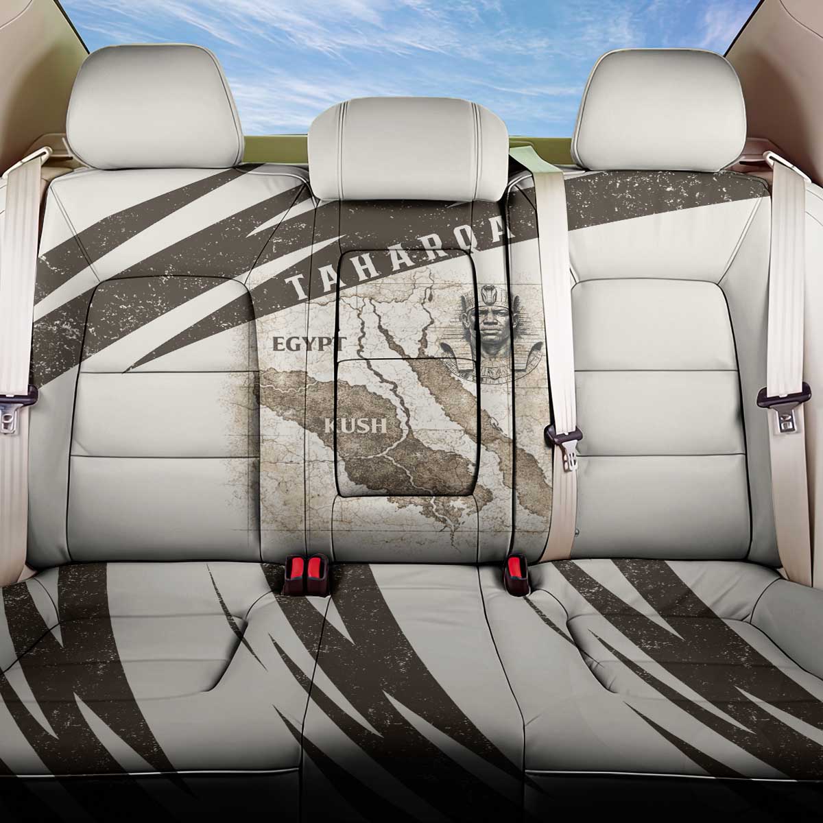 Taharqa Back Car Seat Cover with Ancient Map Illustration, King of Two Lands Title and Kush Egypt Temple - Wonder Print Shop