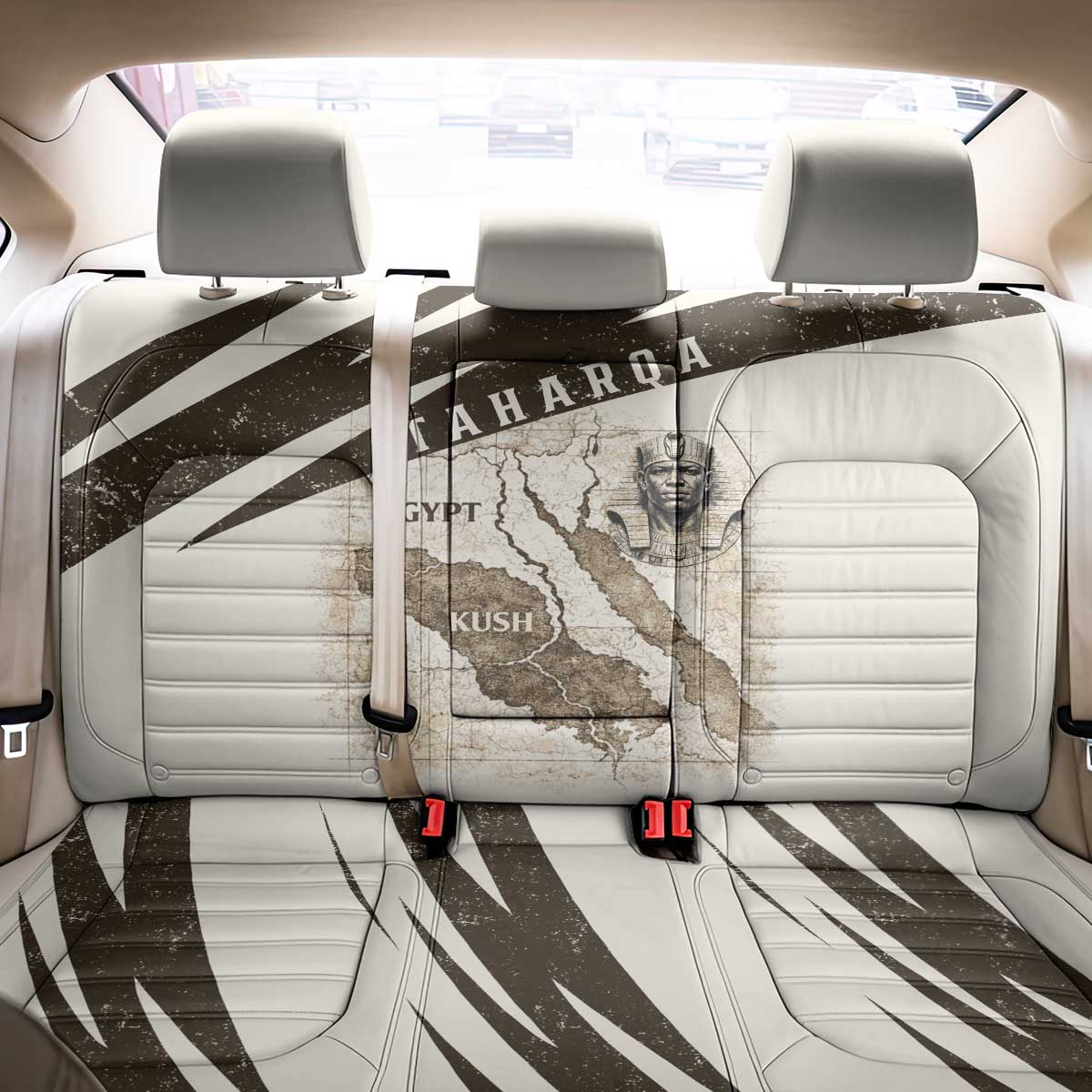 Taharqa Back Car Seat Cover with Ancient Map Illustration, King of Two Lands Title and Kush Egypt Temple - Wonder Print Shop