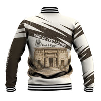 Taharqa Baseball Jacket with Ancient Map Illustration, King of Two Lands Title and Kush Egypt Temple - Wonder Print Shop