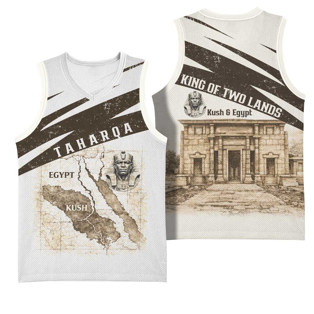Taharqa Basketball Jersey with Ancient Map Illustration, King of Two Lands Title and Kush Egypt Temple - Wonder Print Shop