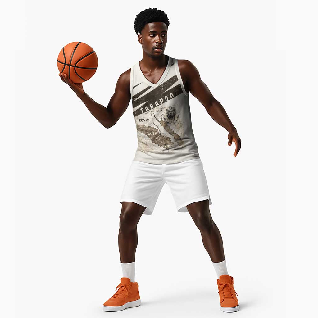 Taharqa Basketball Jersey with Ancient Map Illustration, King of Two Lands Title and Kush Egypt Temple - Wonder Print Shop