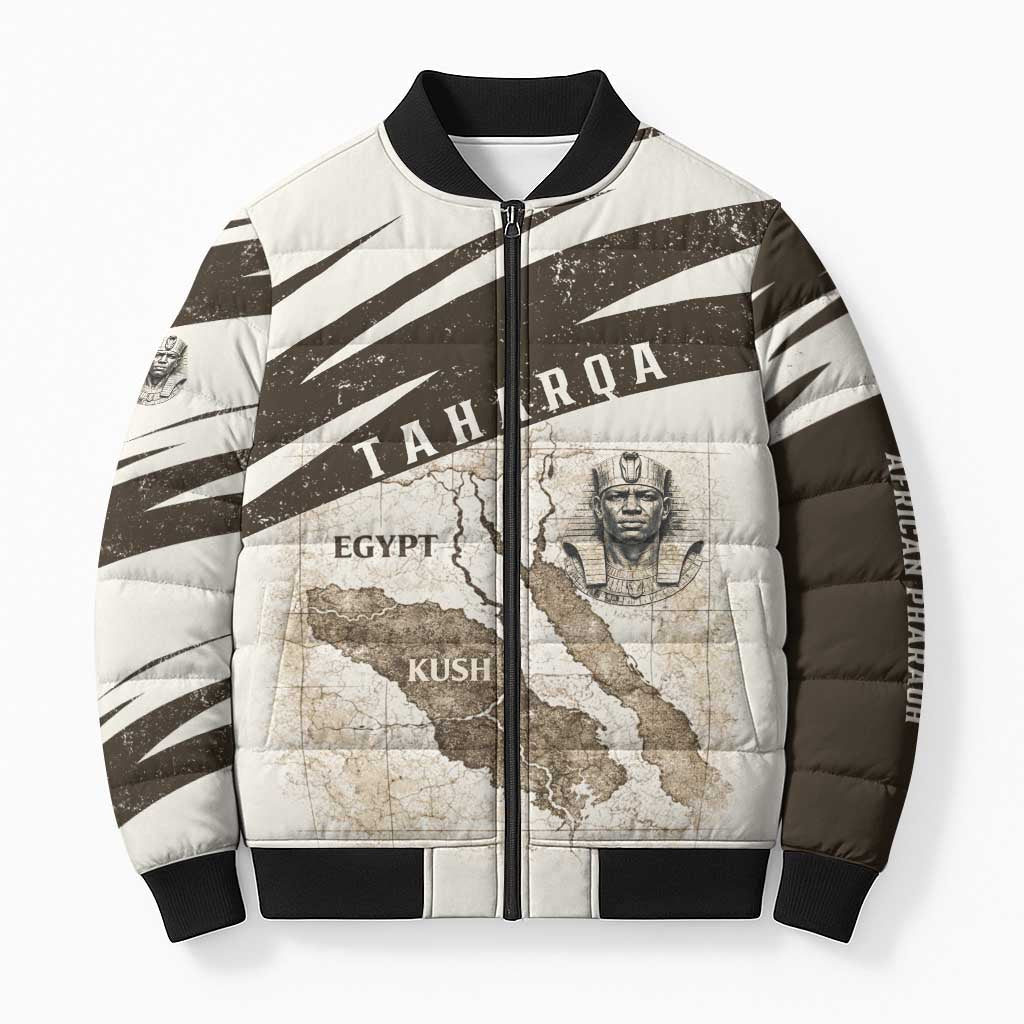 Taharqa Bomber Puffer Jacket with Ancient Map Illustration, King of Two Lands Title and Kush Egypt Temple - Wonder Print Shop