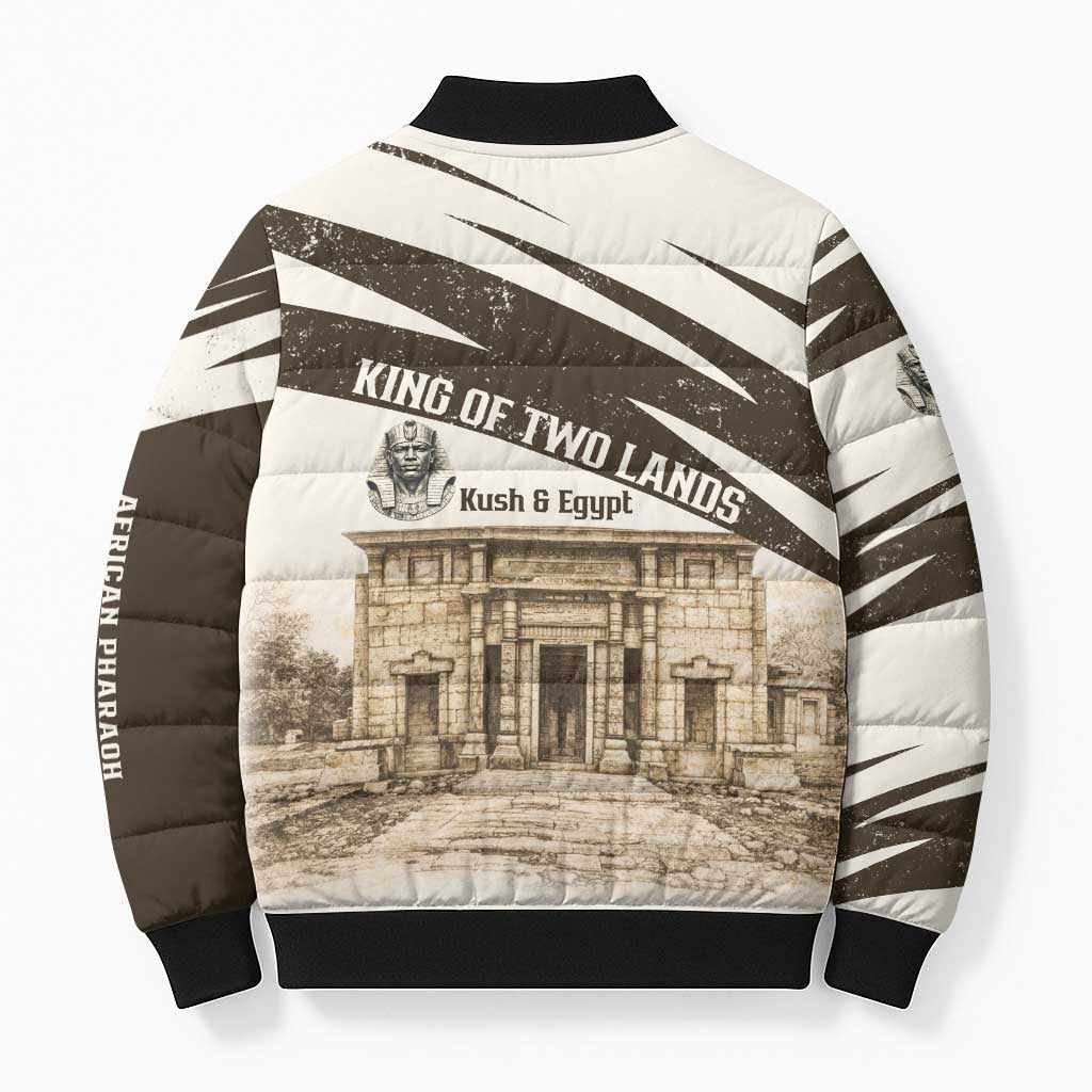 Taharqa Bomber Puffer Jacket with Ancient Map Illustration, King of Two Lands Title and Kush Egypt Temple - Wonder Print Shop