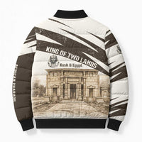 Taharqa Bomber Puffer Jacket with Ancient Map Illustration, King of Two Lands Title and Kush Egypt Temple - Wonder Print Shop