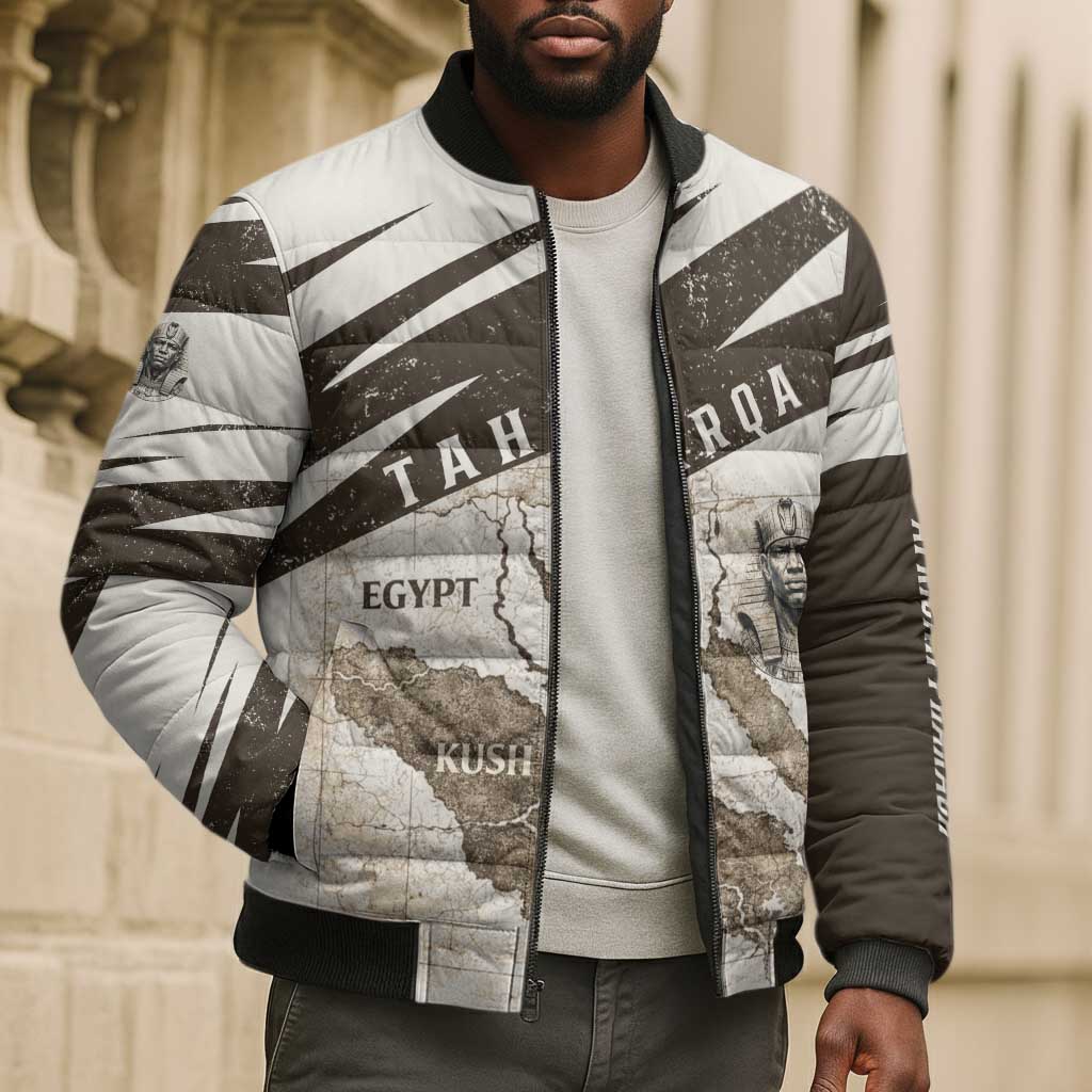 Taharqa Bomber Puffer Jacket with Ancient Map Illustration, King of Two Lands Title and Kush Egypt Temple - Wonder Print Shop