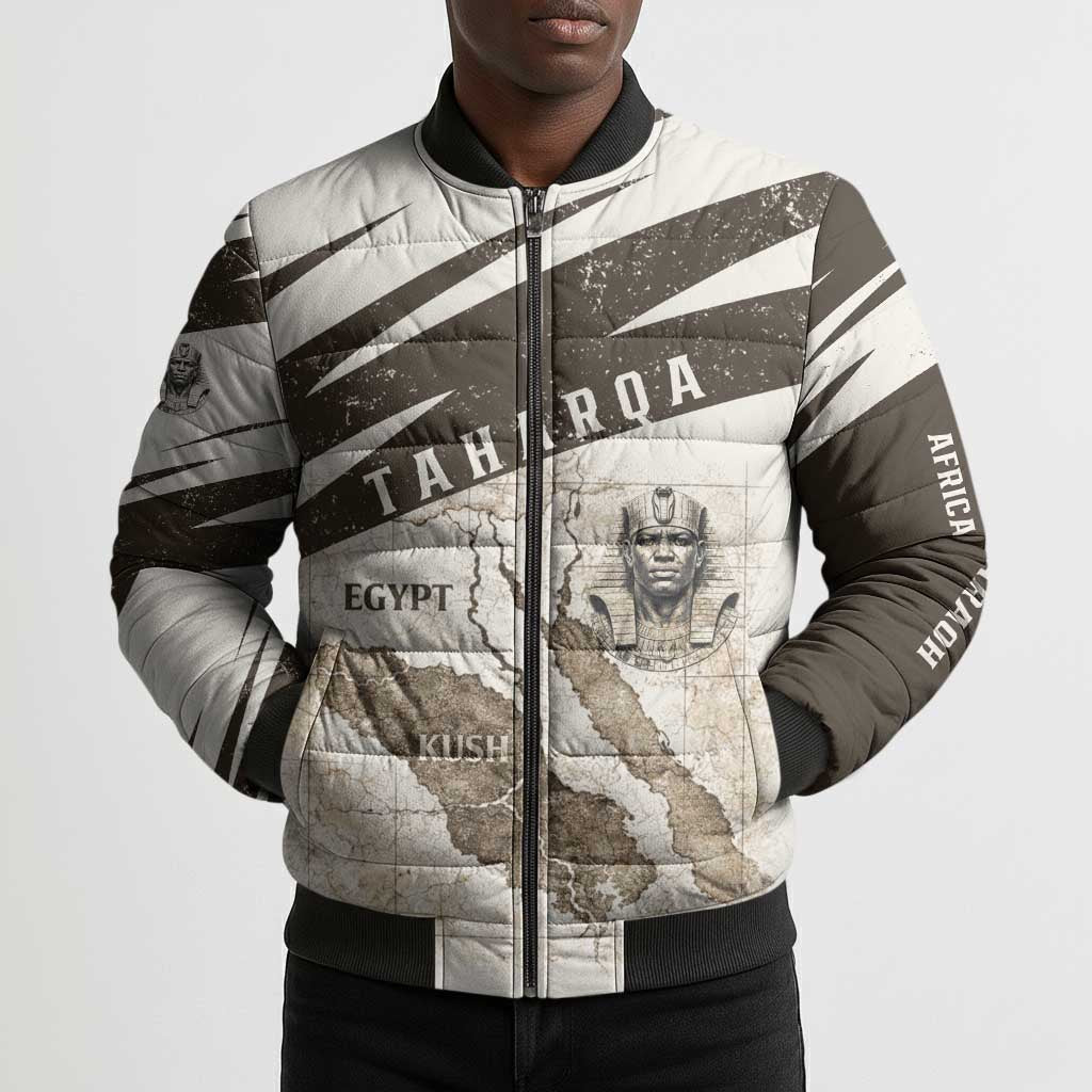 Taharqa Bomber Puffer Jacket with Ancient Map Illustration, King of Two Lands Title and Kush Egypt Temple - Wonder Print Shop