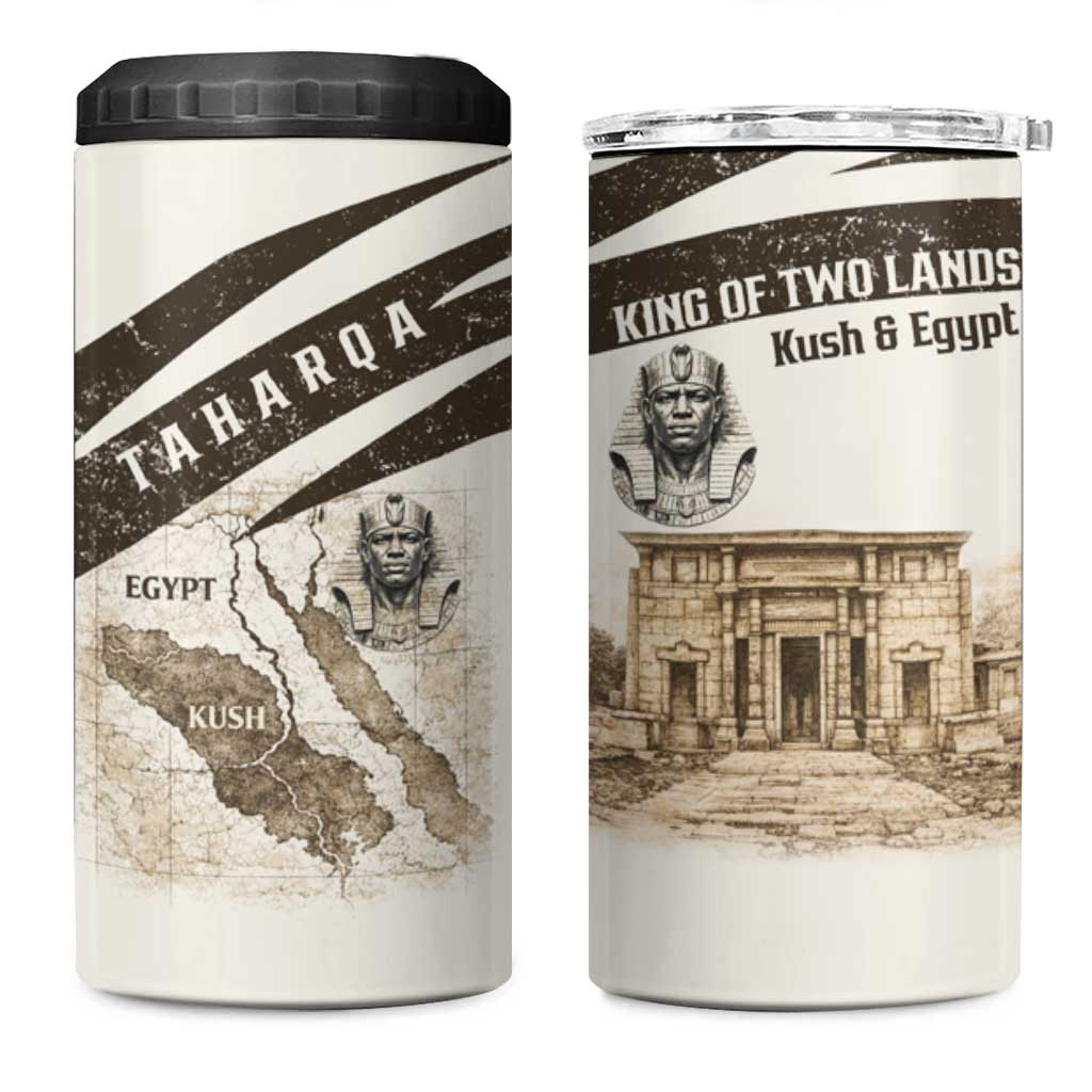 Taharqa 4 in 1 Can Cooler Tumbler with Ancient Map Illustration, King of Two Lands Title and Kush Egypt Temple - Wonder Print Shop