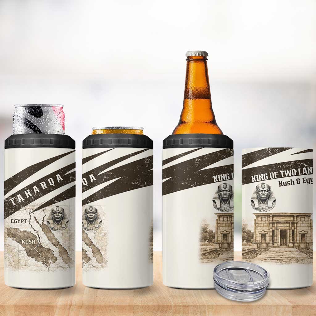 Taharqa 4 in 1 Can Cooler Tumbler with Ancient Map Illustration, King of Two Lands Title and Kush Egypt Temple - Wonder Print Shop