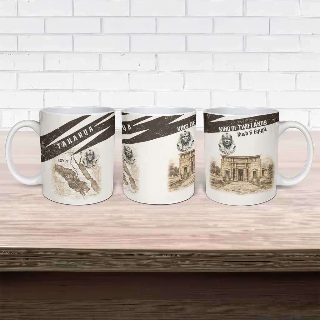 Taharqa Ceramic Mug with Ancient Map Illustration, King of Two Lands Title and Kush Egypt Temple - Wonder Print Shop